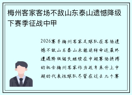 梅州客家客场不敌山东泰山遗憾降级下赛季征战中甲