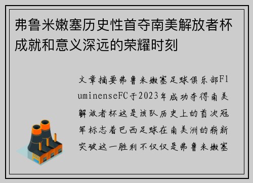 弗鲁米嫩塞历史性首夺南美解放者杯成就和意义深远的荣耀时刻